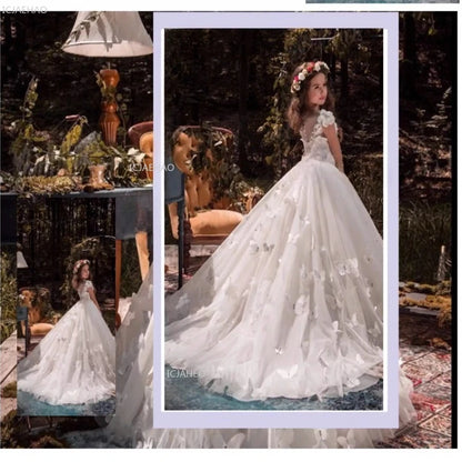 Vestido de fiesta de princesa largo blanco para niñas con tren para actuación de Piano vestido Formal de desfile de cumpleaños de boda para niñas de flores