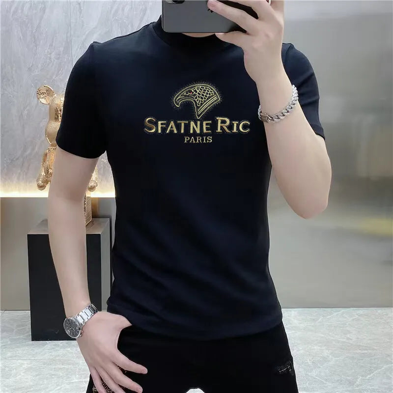 Camiseta de lujo con diamantes de imitación para hombre, camiseta informal ajustada de manga corta con cuello redondo, camiseta Social de negocios, ropa para hombre
