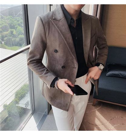 Chaqueta de ante con botones de doble botonadura para hombre, traje de negocios informal, ropa de calle Social, otoño e invierno, 2023