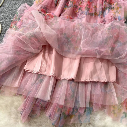 Falda Midi de Malla con Estampado Floral de Cintura Alta Estilo Coreano para Mujer, Falda Hada Abullonada de Fibra de Poliést...