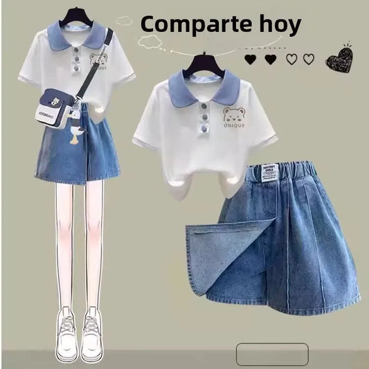 Conjunto de dos piezas de camiseta de manga corta con cuello  y pantalones cortos de mezclilla para niñas, ligero y trans...