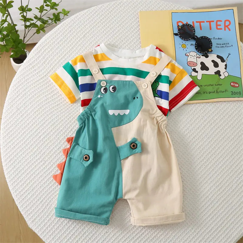 Ropa de verano para niños, ropa de moda para niños pequeños, ropa de arcoíris, camiseta, pantalones con pechera de dinosaurio de dibujos animados, 2 unids/set, traje para niños