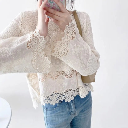 Blusas de algodón de primavera para mujer, camisas elegantes de manga larga caladas con encaje de ganchillo