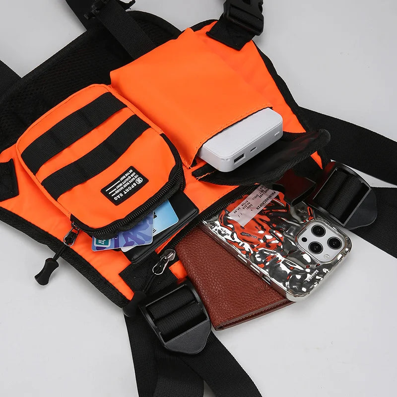 Hip-hop de moda para hombre con múltiples bolsillos bolso de pecho táctico funcional ligero viaje duradero bolso de chaleco deportivo de moda