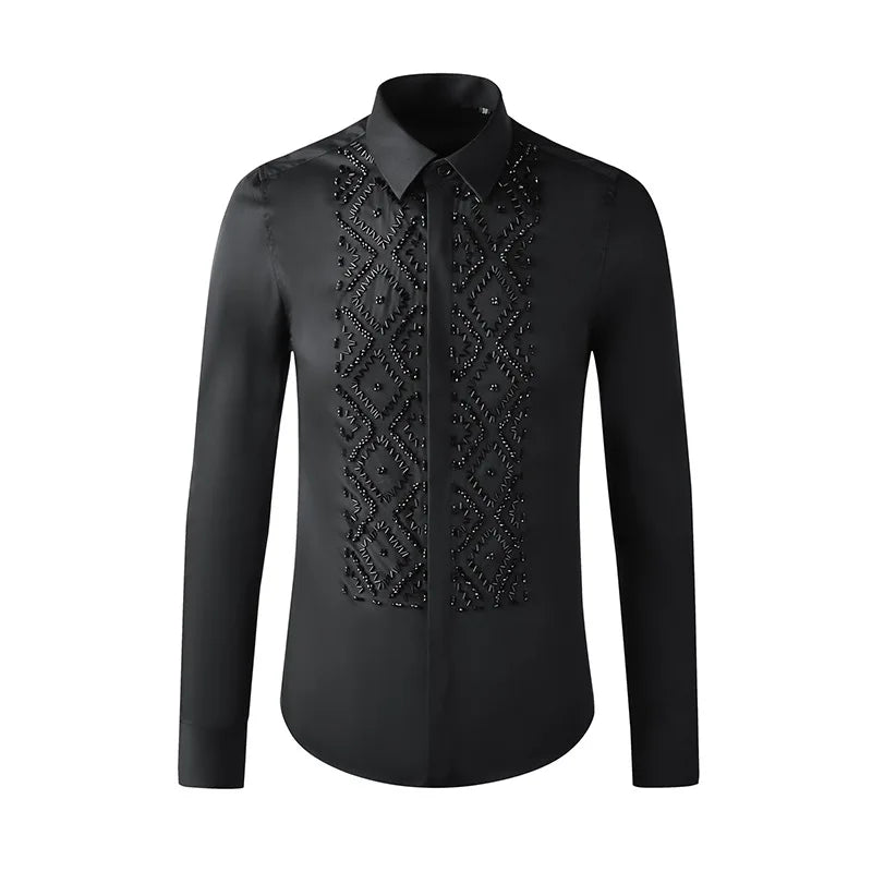 Camisa de lujo hecha a mano con cuentas para hombre, camisas de vestir informales ajustadas de manga larga para negocios, fiesta Social, banquete, escenario, estrella, ropa para hombre