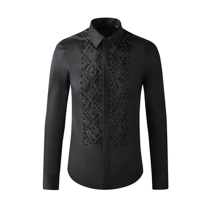 Camisa de lujo hecha a mano con cuentas para hombre, camisas de vestir informales ajustadas de manga larga para negocios, fiesta Social, banquete, escenario, estrella, ropa para hombre