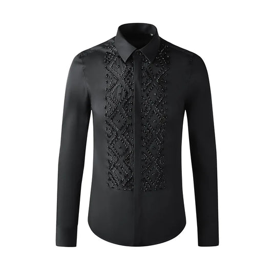 Camisa de lujo hecha a mano con cuentas para hombre, camisas de vestir informales ajustadas de manga larga para negocios, fiesta Social, banquete, escenario, estrella, ropa para hombre