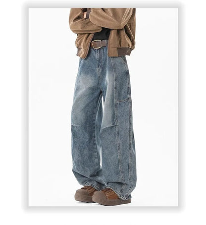 Otoño de los hombres de moda Hip Hop empalmado pantalones vaqueros holgados diseño plisado Casual pantalones vaqueros de pierna recta Y2K Vintage Streetwear jean
