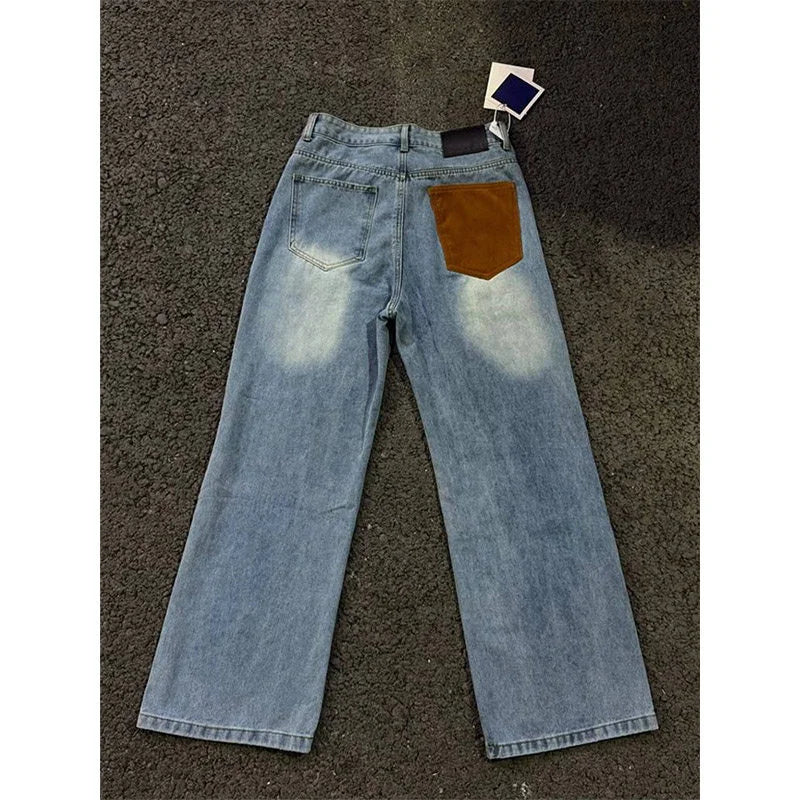 Jeans de pierna recta con parches azules vintage de verano 2026 para hombre, pantalones vaqueros casuales americanos con bolsillos marrones, estilo Y2K, streetwear