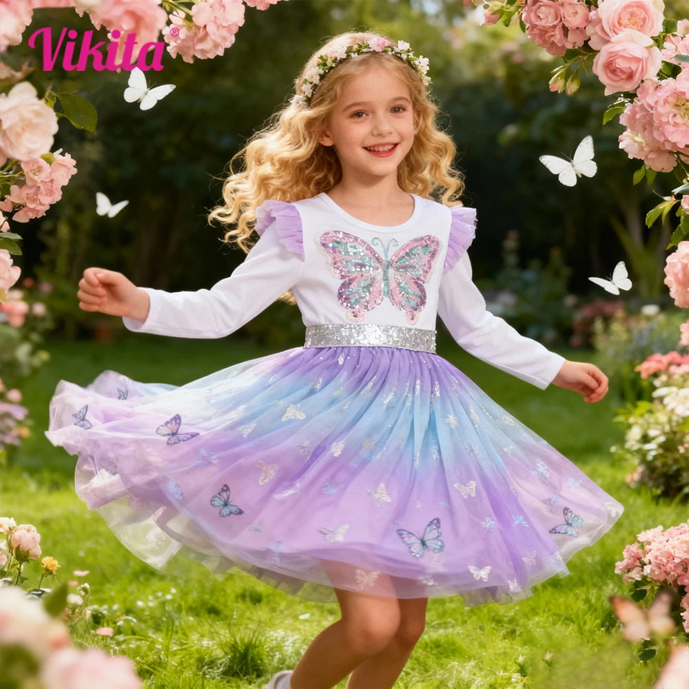 VIKITA niñas mariposa vestido elegante con lentejuelas niños otoño primavera púrpura gradiente malla tul princesa fiesta actuación vestido de graduación
