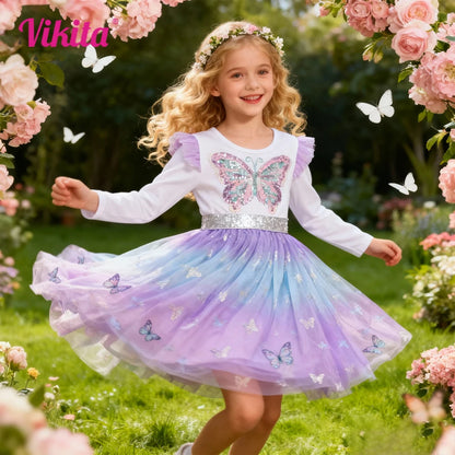 VIKITA niñas mariposa vestido elegante con lentejuelas niños otoño primavera púrpura gradiente malla tul princesa fiesta actuación vestido de graduación