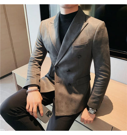 Chaqueta de ante con botones de doble botonadura para hombre, traje de negocios informal, ropa de calle Social, otoño e invierno, 2023