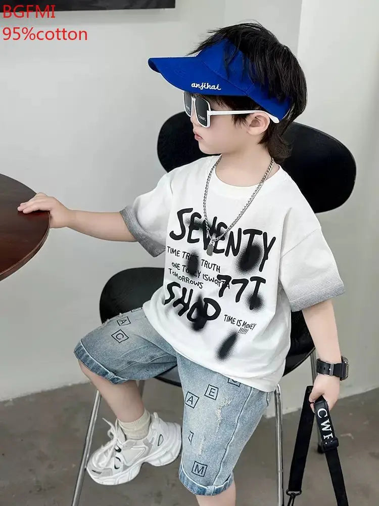 Conjunto de Verano para Niños y Adolescentes, ropa de algodón con letras de manga corta, a la moda, 2 piezas