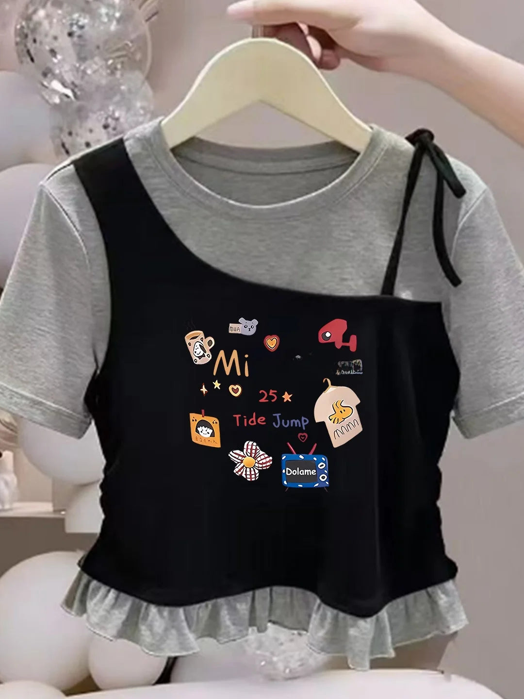 Camiseta de Manga Corta para Niñas, Algodón Puro, Dobladillo con Volantes, Estilo Corto, Verano, Casual, Ropa Infantil, Trans...
