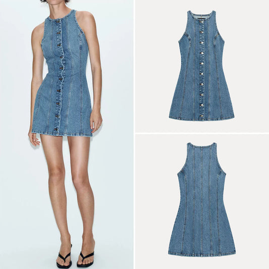 Vestido vaquero  sin mangas con cuello redondo y corte ajustado para mujer, estilo casual de primavera con botón único y ...