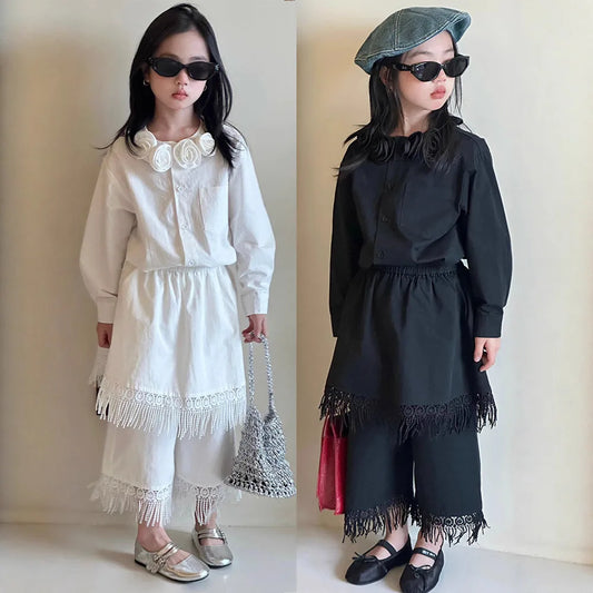 2025 primavera otoño nuevo conjunto Retro para niñas camisa con cuello de flores falda con borlas pantalón primavera y otoño conjunto de dos piezas de moda