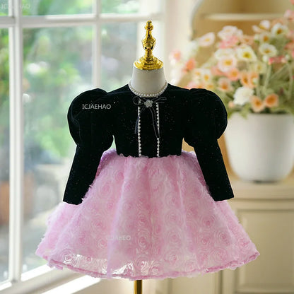 Vestido de novia de niña de flores de manga larga para niños, vestido de princesa para 1er cumpleaños, Piano, Recital, fiesta de cumpleaños, ropa Formal
