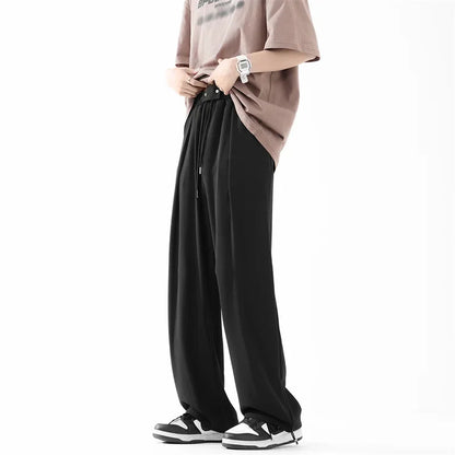 Pantalones bombachos holgados rectos lisos de verano para hombre, pantalones de chándal drapeados deportivos informales, pantalones de pierna ancha con cordón, novedad de 2025