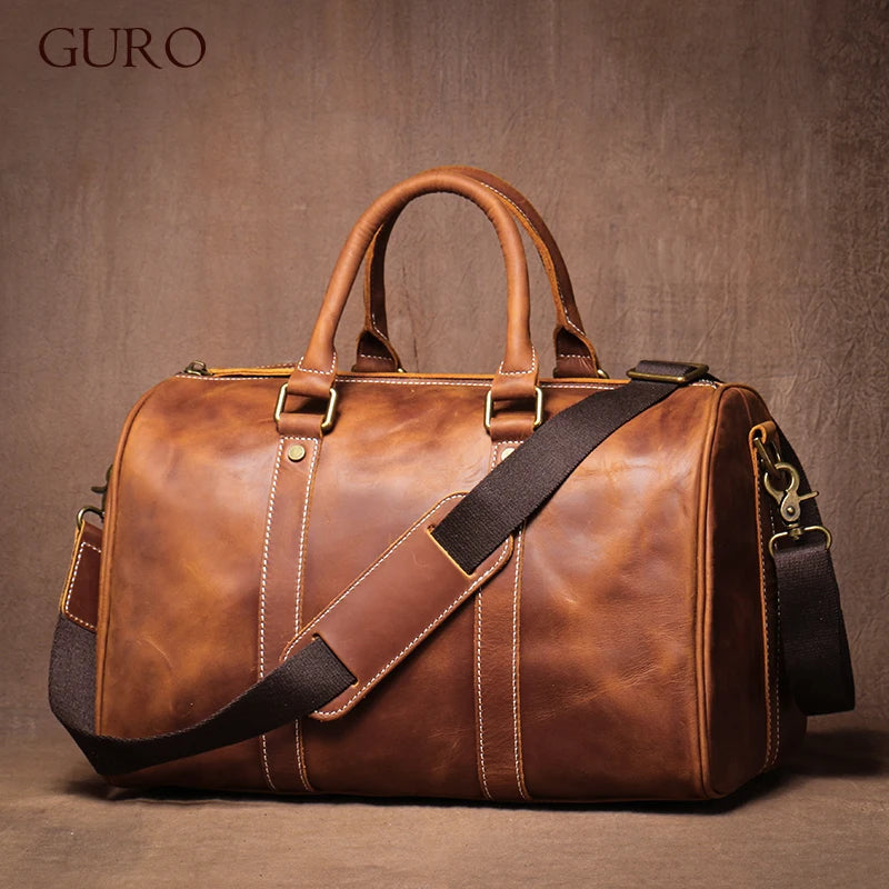 GURO-bolsos de viaje Retro de cuero de vaca para hombre y mujer, bolso de mano de cuero genuino, bolsa de Fitness de fin de semana de lujo, equipaje de viaje corto