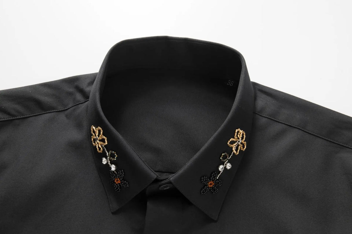 Camisa con cuentas hecha a mano para hombre, camisa de vestir Social de negocios de manga larga, traje informal de algodón de alta calidad para actuación en escenario de estrella