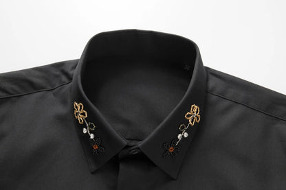 Camisa con cuentas hecha a mano para hombre, camisa de vestir Social de negocios de manga larga, traje informal de algodón de alta calidad para actuación en escenario de estrella