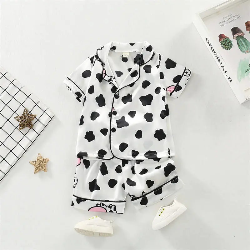 Conjuntos de pijamas para niños y niñas, camiseta de manga corta de vaca de dibujos animados, Tops con pantalones, ropa de dormir para bebés pequeños, Pijamas