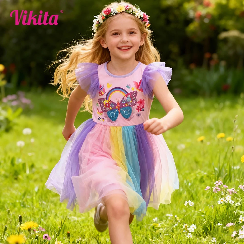 VIKITA-vestido de verano con estampado de flores y mariposas para niñas, vestidos de princesa coloridos de color rosa para fiesta, vacaciones, uso diario, ropa para niños