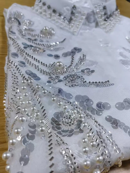 Blusas blancas De gran tamaño con perlas y lentejuelas De diamantes De lujo para Mujer, Tops con mangas acampanadas para primavera y verano 2025, Camisas De Mujer