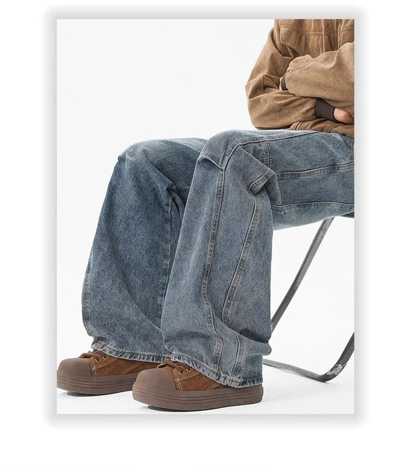 Otoño de los hombres de moda Hip Hop empalmado pantalones vaqueros holgados diseño plisado Casual pantalones vaqueros de pierna recta Y2K Vintage Streetwear jean