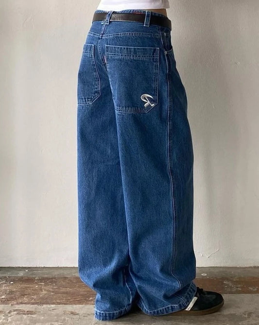 Pantalones vaqueros informales versátiles y clásicos de pierna ancha holgados y versátiles con bordado de bolsillo retro americano para ropa de calle