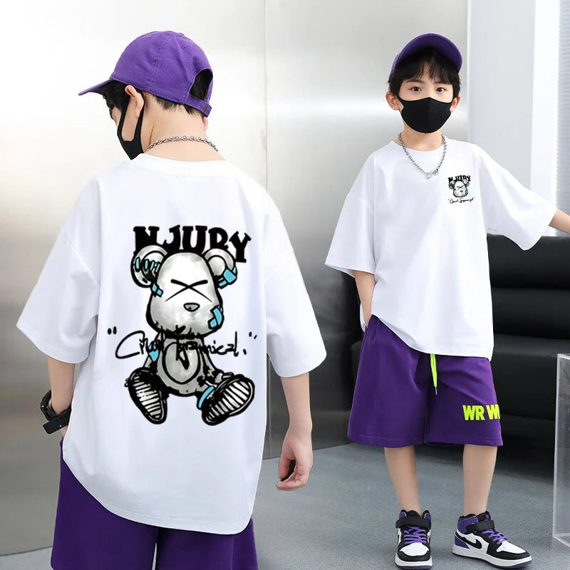 Camiseta de manga corta con estampado de oso de dibujos animados de verano para niños y niñas, camiseta 100% de algodón puro