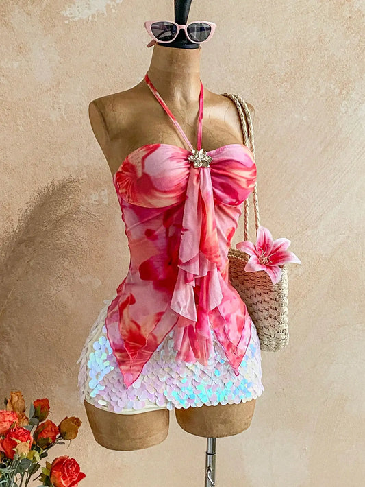 Camisola elegante con cuello halter para mujer, top con estampado floral y cuello con lazo. Perfecto para vacaciones, viajes, excursiones a la playa, citas y ocaciones especiales.