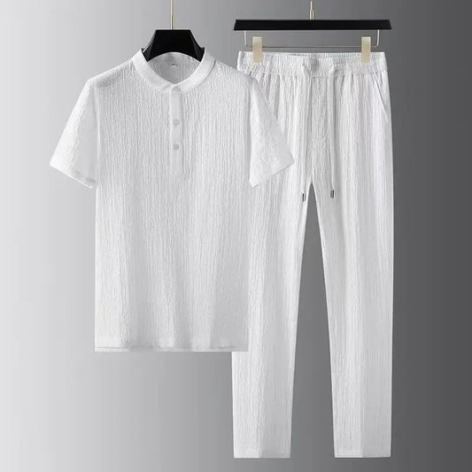 Conjuntos para hombre (camisa + pantalones) 2025, novedad de verano, estilo, camisa a la moda para hombre, camisa de manga corta, camisas de alta calidad para hombre de dos piezas