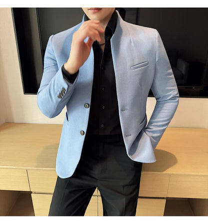 Chaqueta de traje con cuello levantado de alta calidad para hombre, chaquetas de negocios informales, abrigo coreano con gofres para boda, novio, banquete, vestido de fiesta, 2025