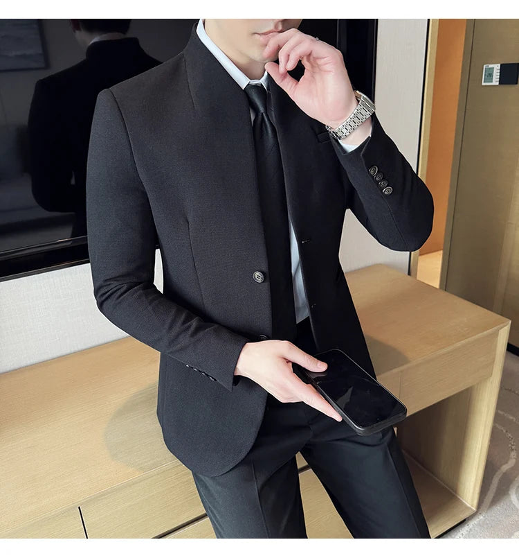 Chaqueta de traje con cuello levantado de alta calidad para hombre, chaquetas de negocios informales, abrigo coreano con gofres para boda, novio, banquete, vestido de fiesta, 2025