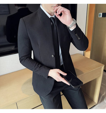 Chaqueta de traje con cuello levantado de alta calidad para hombre, chaquetas de negocios informales, abrigo coreano con gofres para boda, novio, banquete, vestido de fiesta, 2025