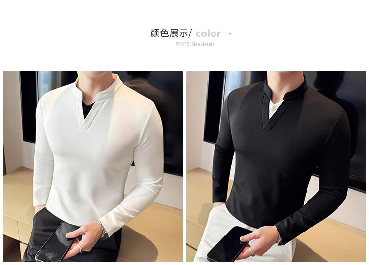 Camiseta elástica falsa de 2 piezas con empalme a la moda coreana, camiseta básica de manga larga con cuello en V ajustada para hombre, camisetas versátiles de Color sólido