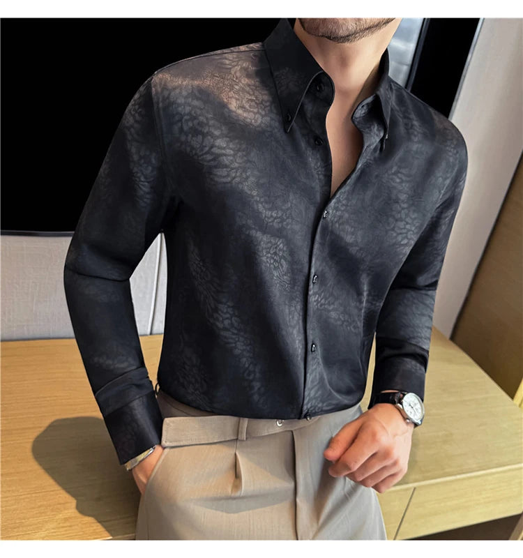 Camisa de manga larga de seda de imitación para hombre, camisa informal estampada de Color degradado a la moda, ropa Social de negocios, ropa de calle para hombre