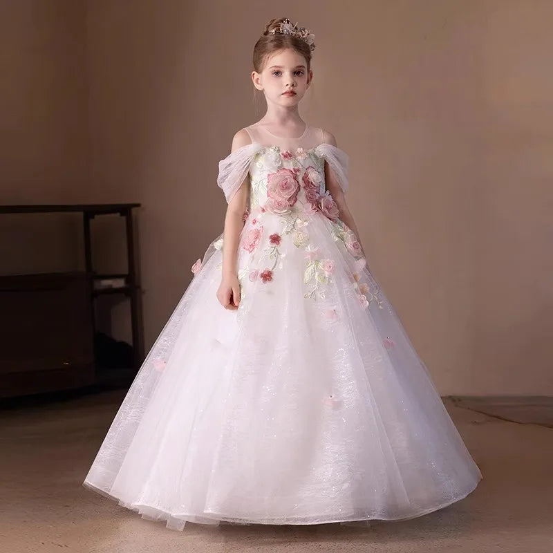 Vestido de Fiesta Blanco para Niña, Modelo 2026, con Flores, para Bodas, Cumpleaños, Eventos, Presentaciones, Piano, Princesa, Celebraciones Formales