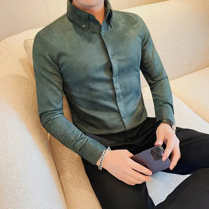Camisa de ante de alta calidad para hombre, camisas de negocios informales de manga larga para otoño e invierno, blusa de esmoquin para fiesta Social, ropa para hombre 2023