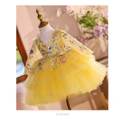 2025 Vestido de fiesta Vestido niños niñas vestidos de novia amarillos disfraz niños flor niña desfile Piano actuación tutú traje