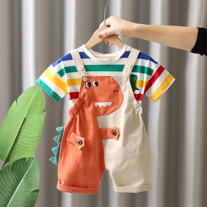 Ropa de verano para niños, ropa de moda para niños pequeños, ropa de arcoíris, camiseta, pantalones con pechera de dinosaurio de dibujos animados, 2 unids/set, traje para niños