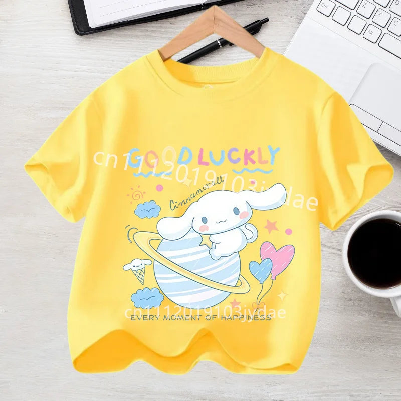Camiseta de Manga Corta para Niños, Estilo Urbano, Verano 2026, Ropa Casual, Regalo Kawaii, Linda Camiseta de Cinnamoroll para Niña, Camiseta de Algodón con Estampado de Anime