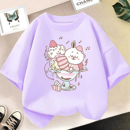 Camiseta bonita de dibujos animados de batido de leche de fresa para niñas, camisetas rosas con gráfico de manga corta para niños