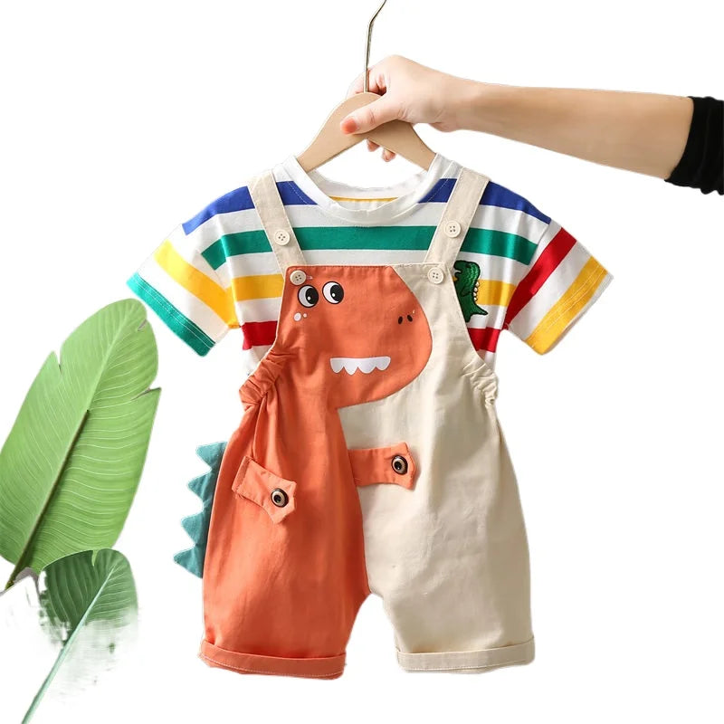 Ropa de verano para niños, ropa de moda para niños pequeños, ropa de arcoíris, camiseta, pantalones con pechera de dinosaurio de dibujos animados, 2 unids/set, traje para niños