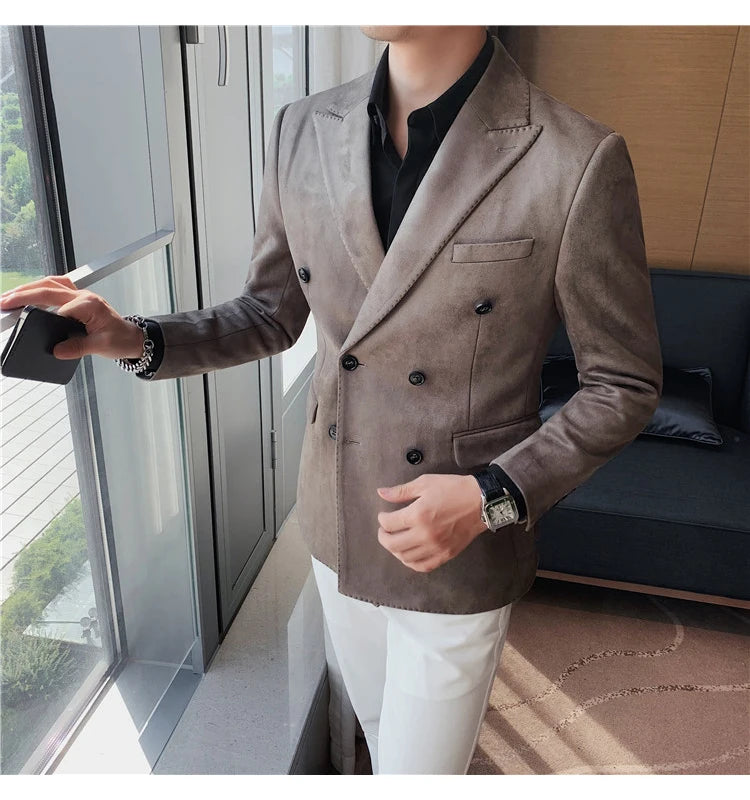 Chaqueta de ante con botones de doble botonadura para hombre, traje de negocios informal, ropa de calle Social, otoño e invierno, 2023