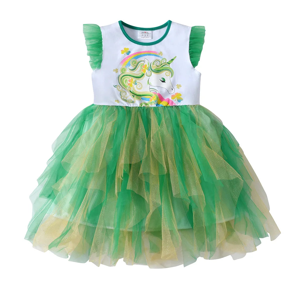 Vestido de manga acampanada para niña, vestidos de tutú irregulares de malla de tul verde para niño, vestido de Parry para Festival de vacaciones de princesa unicornio brillante