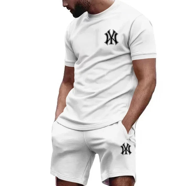 Nueva ropa deportiva de dos piezas para hombre, conjunto de camiseta y pantalones de manga corta, ropa deportiva para correr y fitness, superventas, 2025, verano