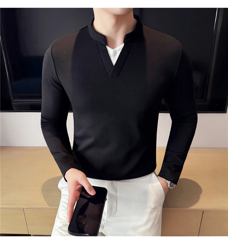Camiseta elástica falsa de 2 piezas con empalme a la moda coreana, camiseta básica de manga larga con cuello en V ajustada para hombre, camisetas versátiles de Color sólido
