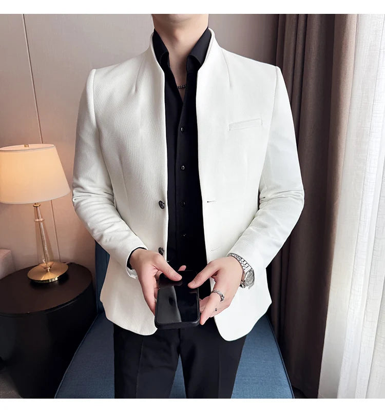 Chaqueta de traje con cuello levantado de alta calidad para hombre, chaquetas de negocios informales, abrigo coreano con gofres para boda, novio, banquete, vestido de fiesta, 2025
